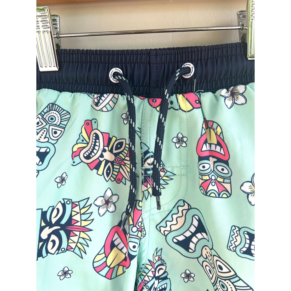 Tommy Bahama Boy Swim Trunks Size 5/6 Tiki‎ Print Tribal Masks Swim Shorts Mint - Picture 2 of 7